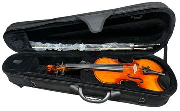Violin and bow resting in an open black case.