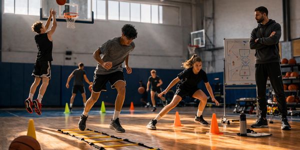 Young athletes training intensely in a gym with a coach observing.