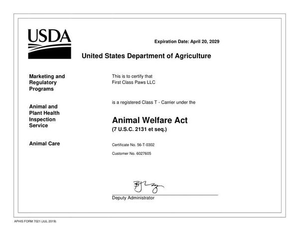 USDA certificate for First Class Paws LLC under the Animal Welfare Act, valid until 2029.
