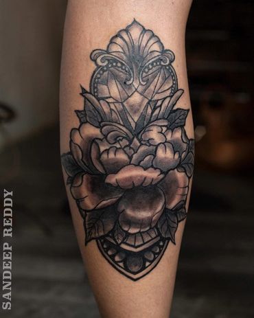 Black & grey leg sleeve tattoo for my fav girl