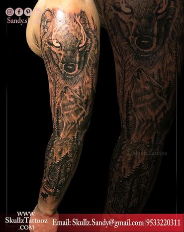 Wolf and forest full sleeve tattoo done at skullztattooz hyderabad, Telangana.