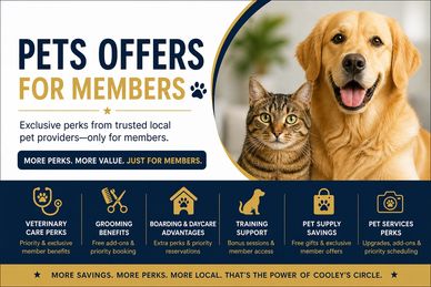 Advertisement for exclusive pet perks for members with a dog and cat image.