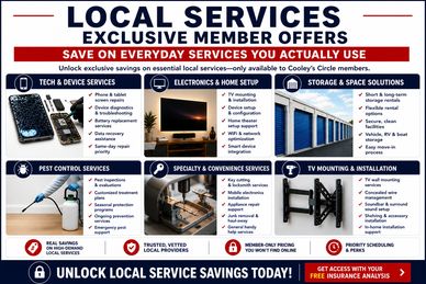 Advertisement for exclusive local service discounts on tech, electronics, pest control, and more.