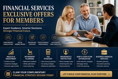 A financial services offer promoting expert guidance and exclusive member benefits.