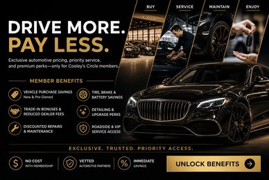 Promotional banner for Cooley's Circle automotive membership with exclusive benefits.