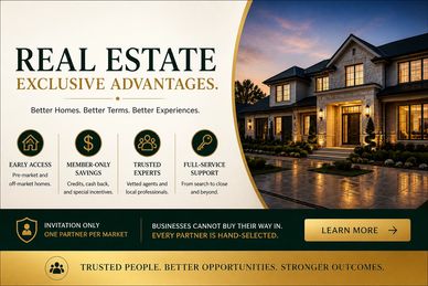 Elegant real estate ad showcasing exclusive advantages and a luxury home at dusk.