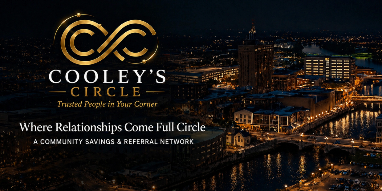 Cooley's Circle logo with tagline over a nighttime cityscape, highlighting community and trust.