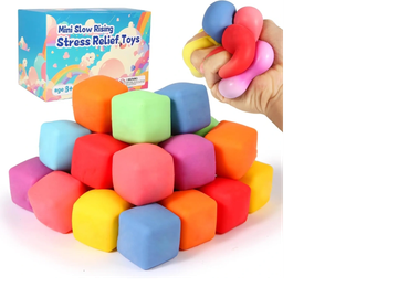 Colorful mini stress relief toys in cube shapes and squishy blobs.