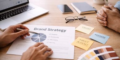 Brand strategy planning materials on a desk during a business consultation