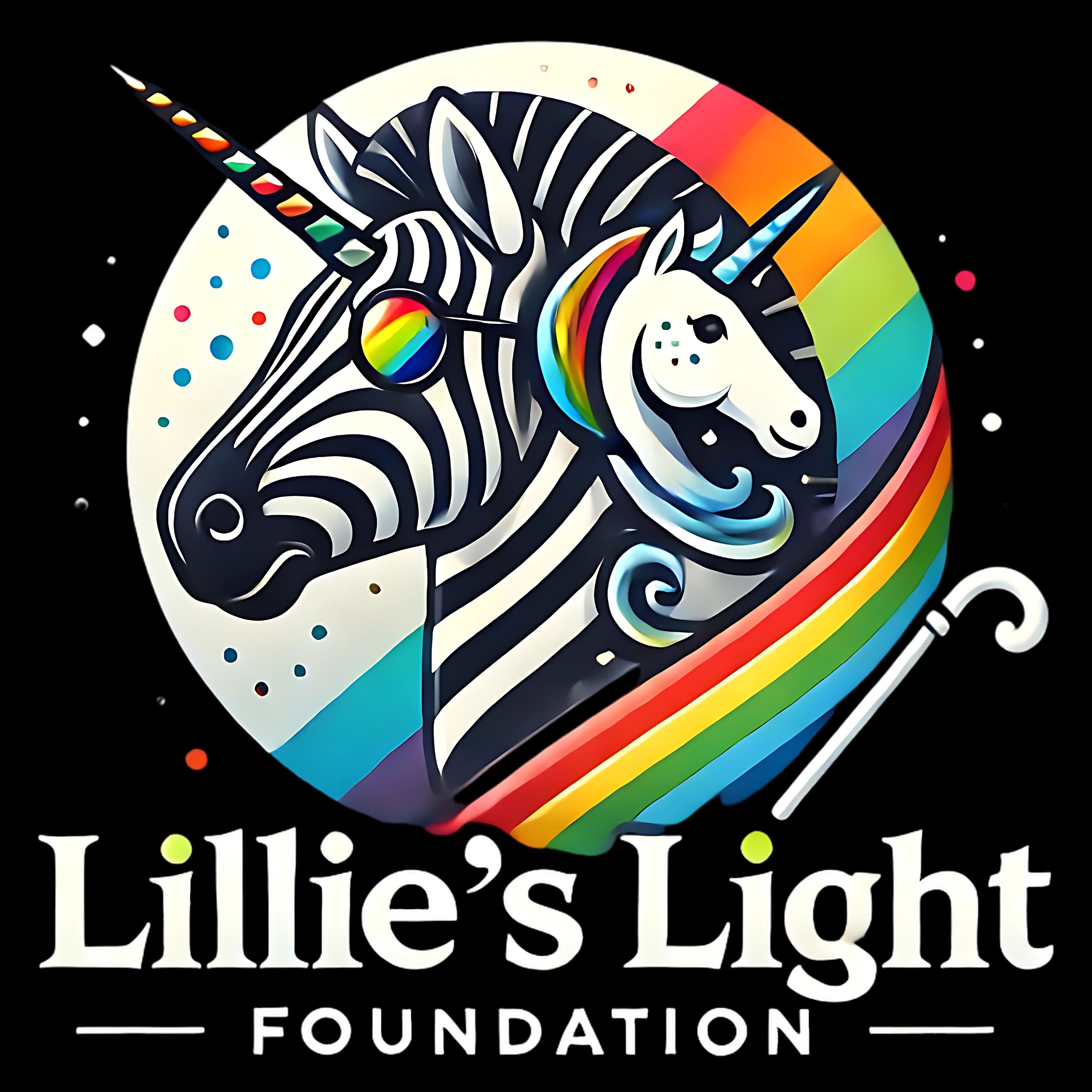 Zebra and unicorn with rainbow details, white cane, and text: “Lillie’s Light Foundation.”