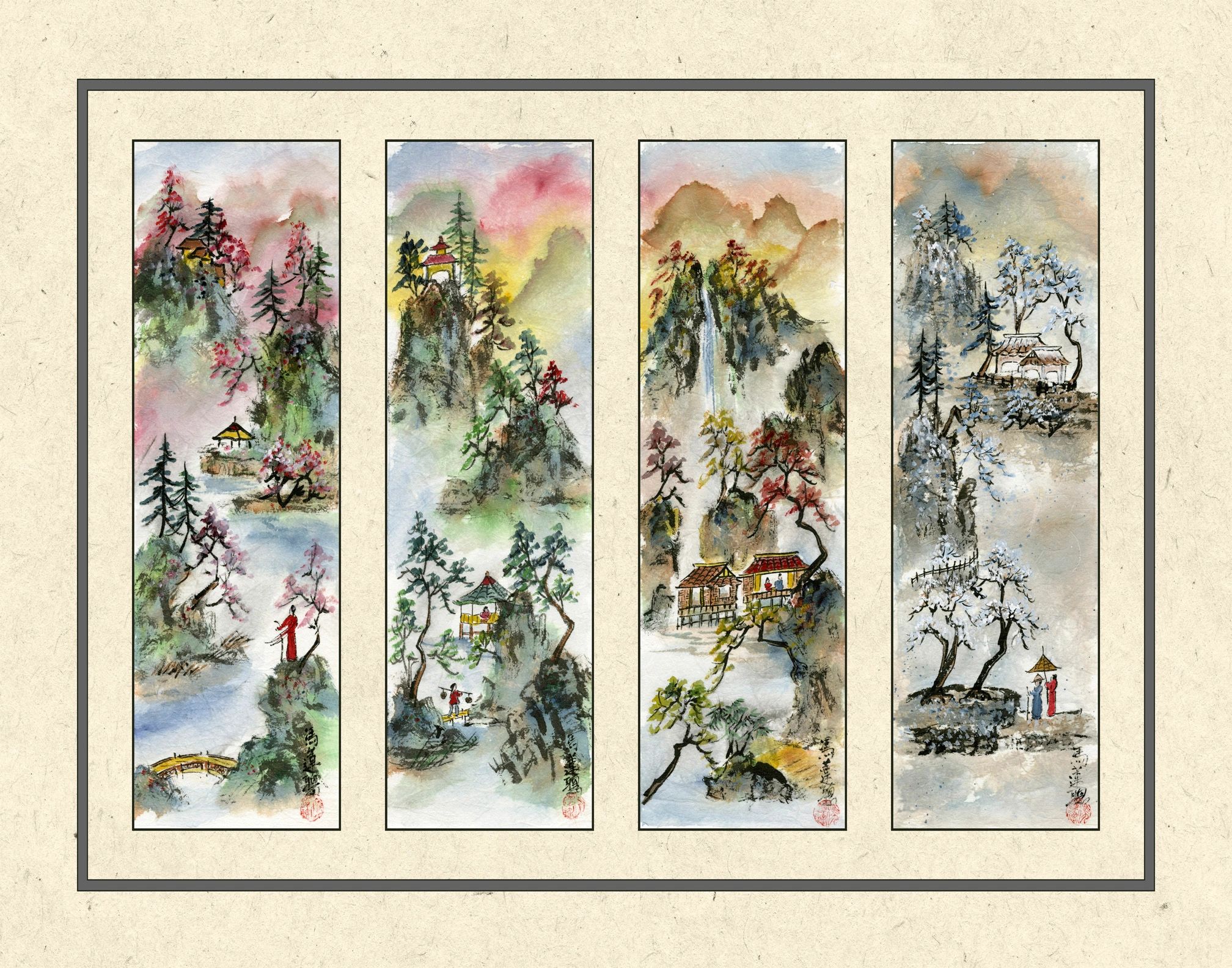 Four traditional East Asian landscape watercolor paintings depicting mountains and trees.