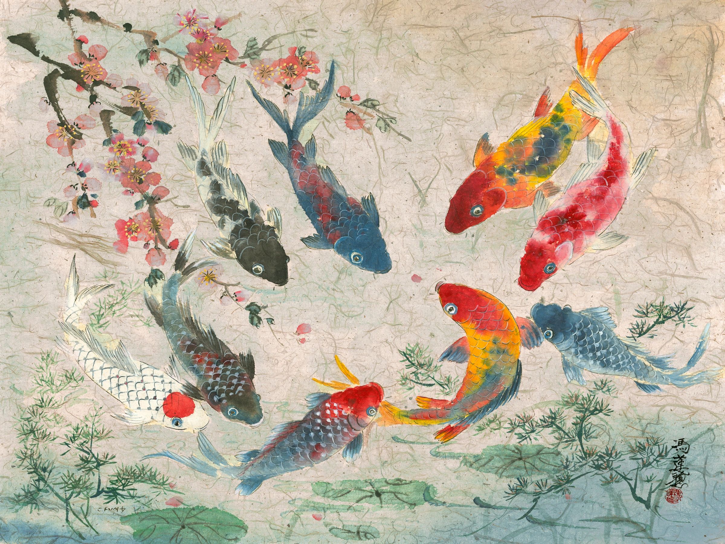 Colorful koi fish swimming among flowers in traditional painting.