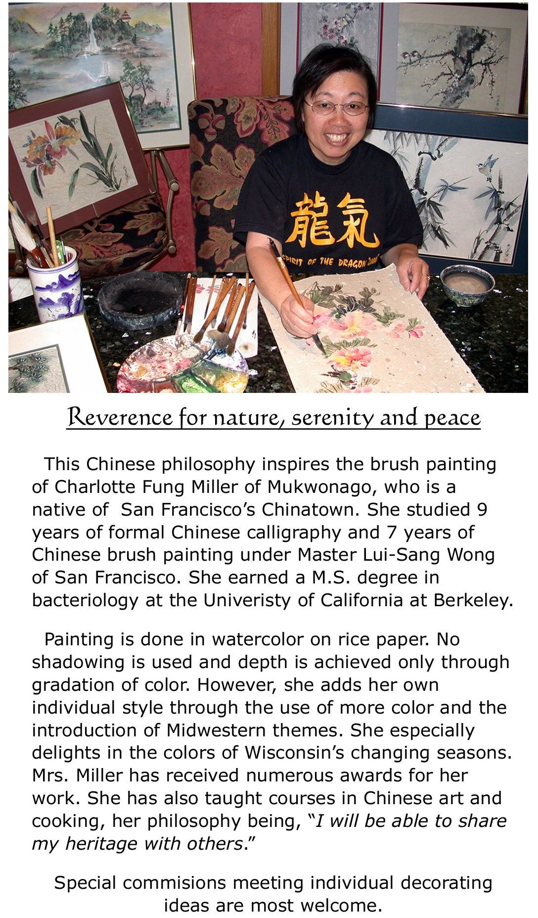 Artist Charlotte Fung Miller painting detailed watercolor flowers.