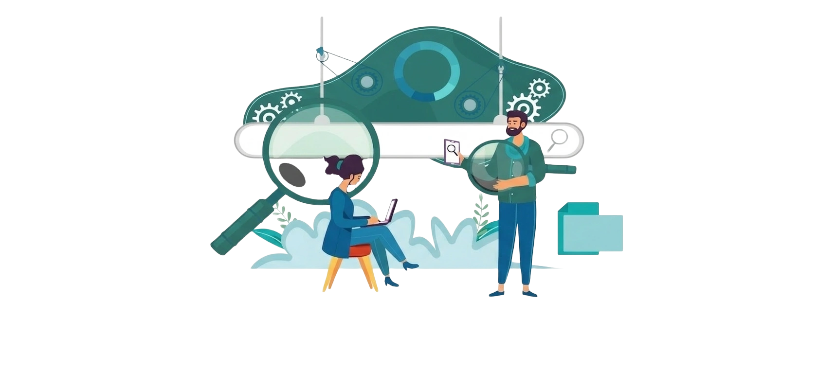 Two people using magnifying glasses to analyze data and search on devices.