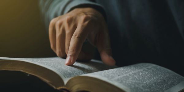 Photo of person's hand pointing to text in a Bible.