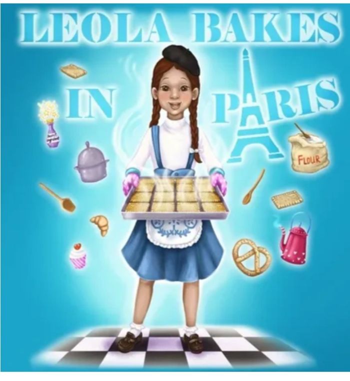 Image of blue book cover of Leola holding tray of biscuits. 