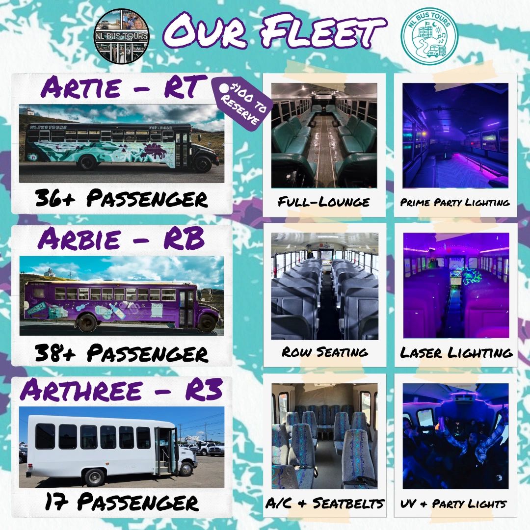 NL Bus Tours fleet with buses Artie, Arbie, Arthree, featuring party and lounge lighting.