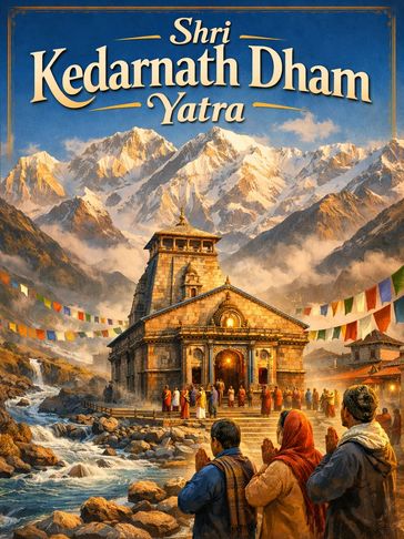Devotees praying at Kedarnath temple amidst Himalayan mountains.
