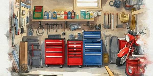 Organized garage with tool cabinets, motorcycle, and various tools neatly arranged.