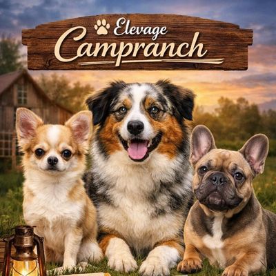 Three different dog breeds posing happily under a wooden sign.
