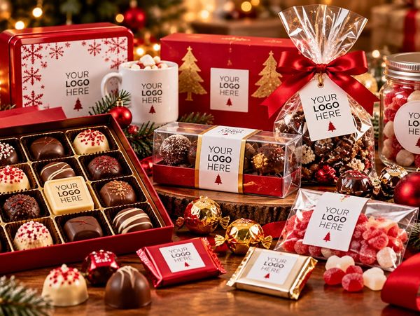 Holiday-themed gift boxes and chocolates with customizable logo tags.