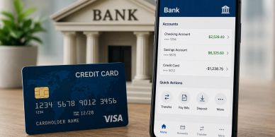 Credit card and mobile banking app with bank building in background.