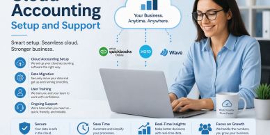 Woman working on cloud accounting setup with support services.