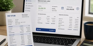 Pay stub and laptop showing earnings summary and pay details.