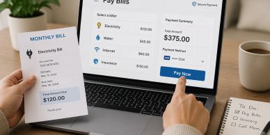 Person paying bills online with laptop and paper bill in hand.