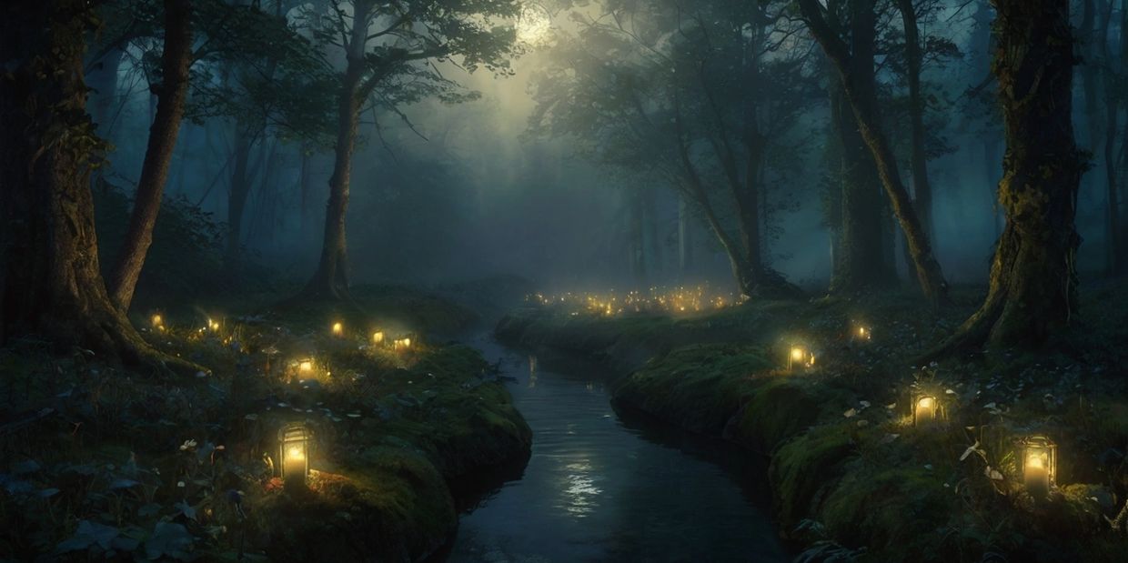 Enchanted forest scene featuring glowing, wilight lighting, and a dreamlike landscape