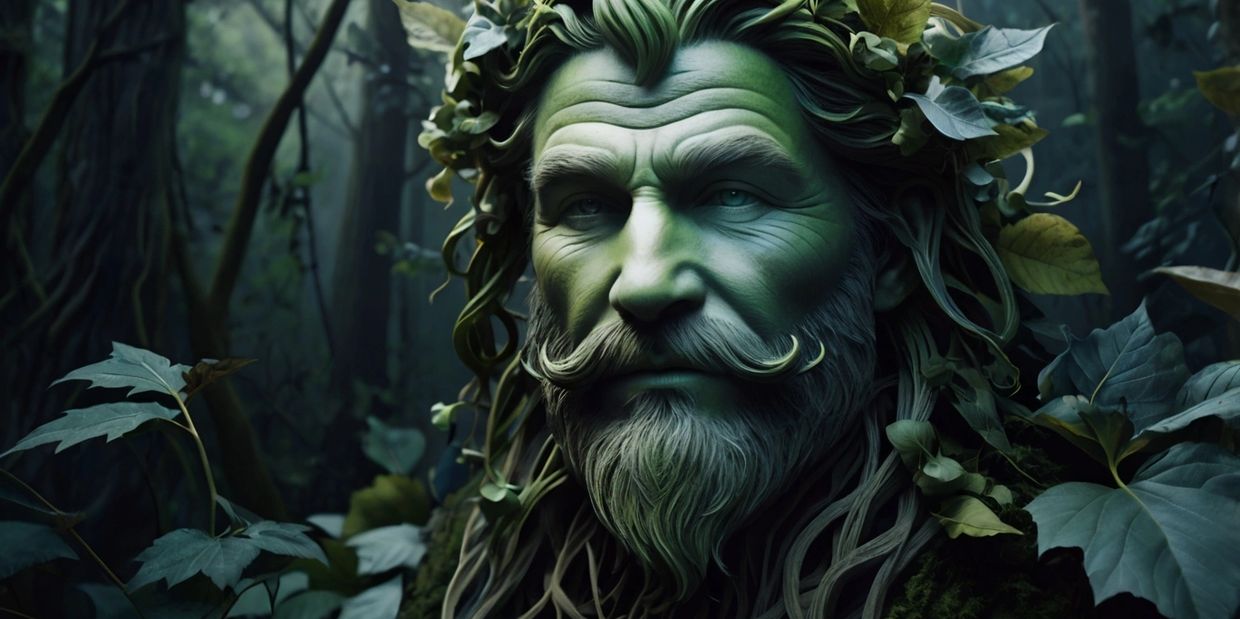 Green Man with leafy face and beard in a dark forest, embodying British folklore's mysticism.