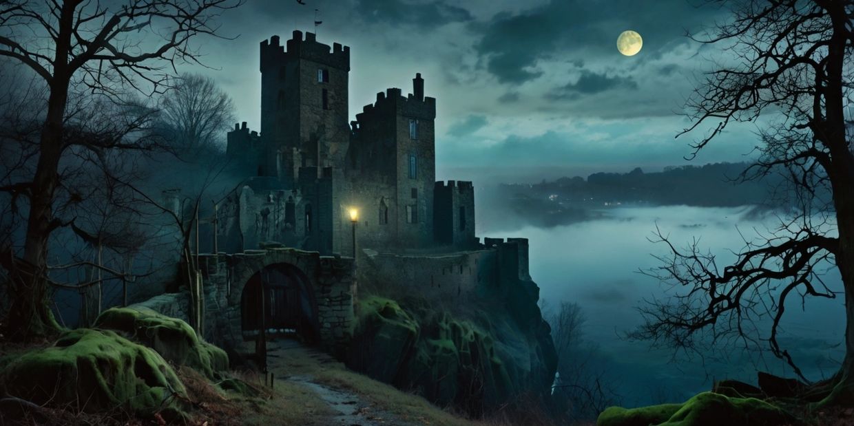 Misty, moonlit haunted castle perched on a cliff, shrouded in fog