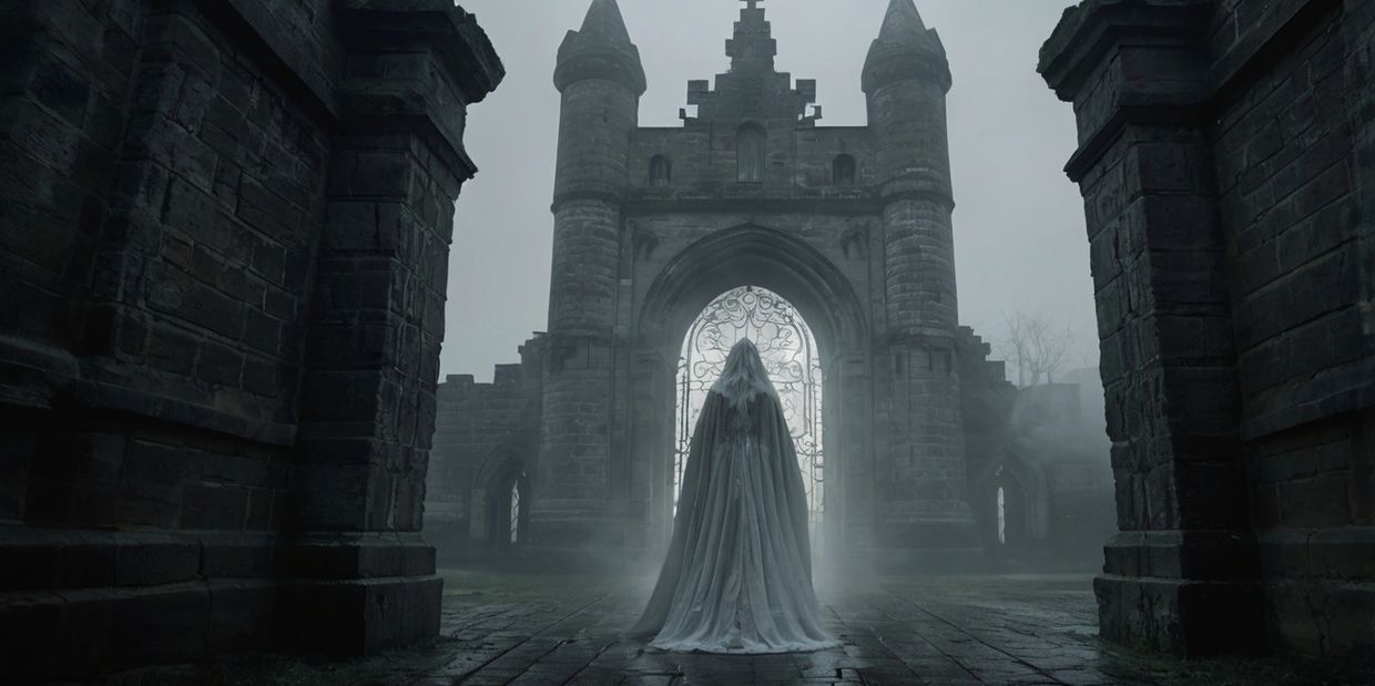 A castle in the midst of thick fog, with a ghostly lady walking ominously