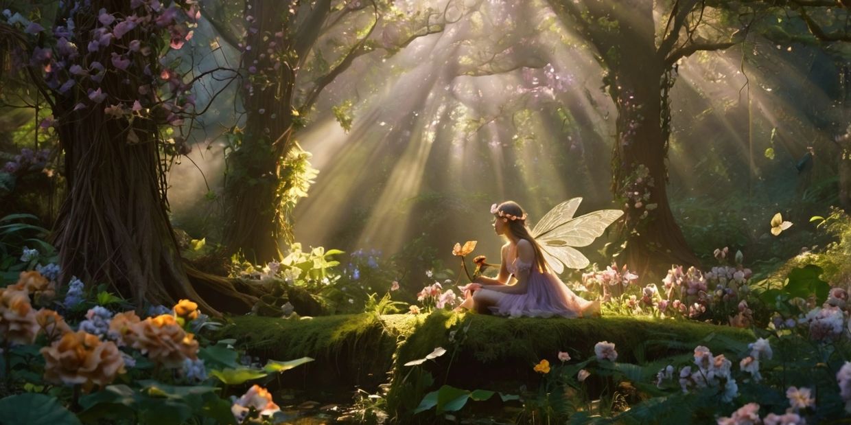 Enchanting fairies play among flowers in sunlit woodland, capturing the charm of English fairytales