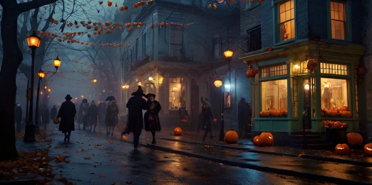 Trick-or-treating in a festive New York City neighborhood on Halloween night