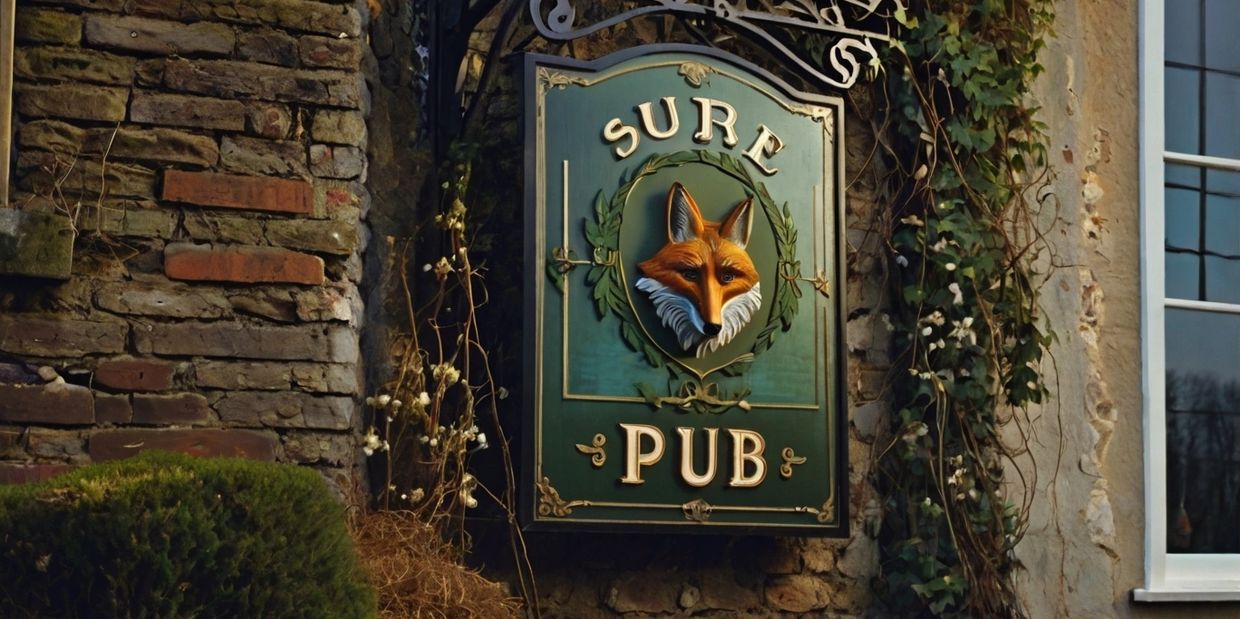 A close-up of a traditional British pub sign, hanging from an ornate wrought-iron bracket