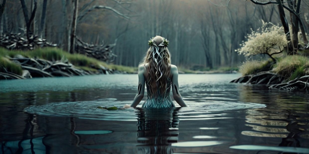 A serene and mystical Lady of the Lake stands on the surface of a lake, surrounded by mist