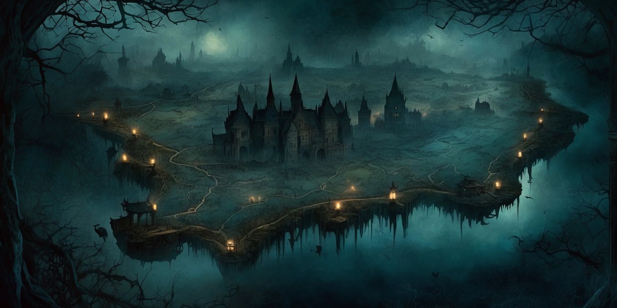 A fog-covered, mystical map marking haunted locations and legendary sites