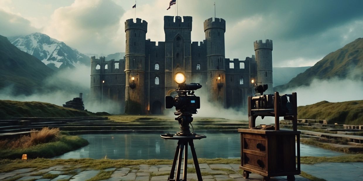A castle film set,  built in misty British countryside, with a film camera in the foreground