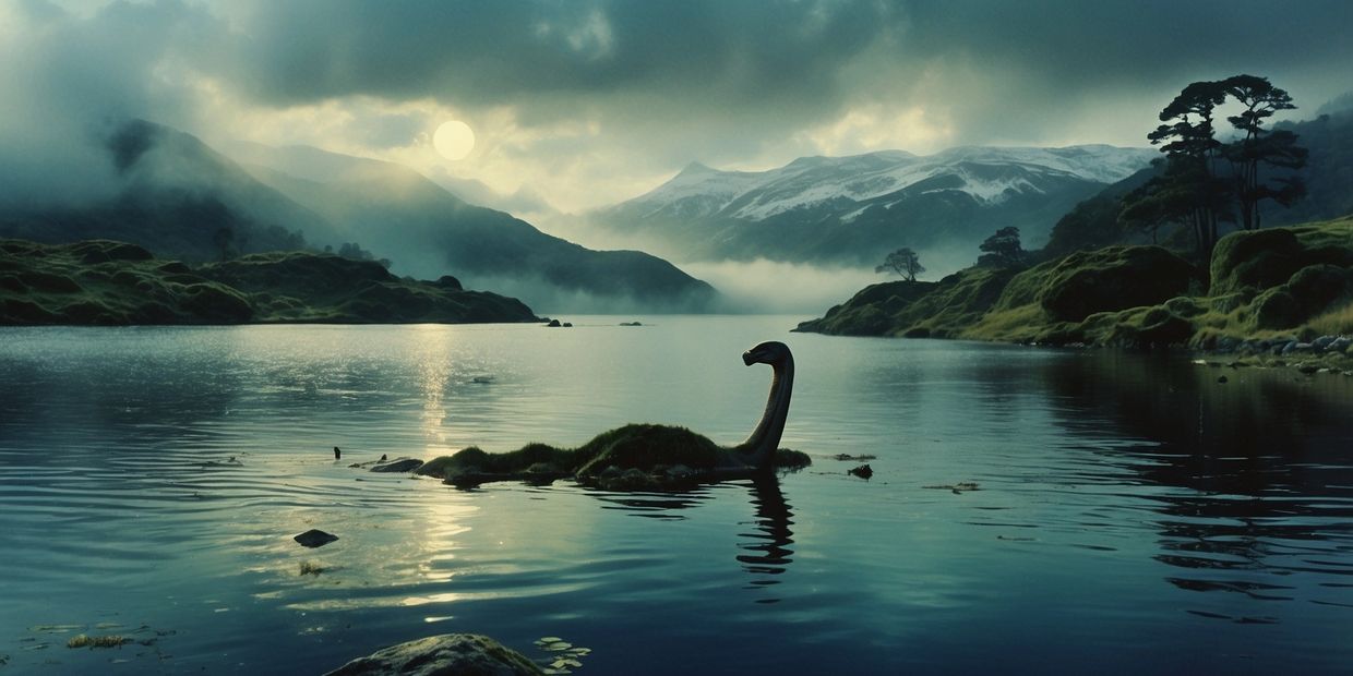 The Loch Ness Monster, Nessie, emerges from the dark, misty waters of Loch Ness