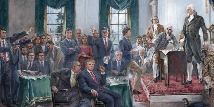 Modern political figures in a historic setting.
