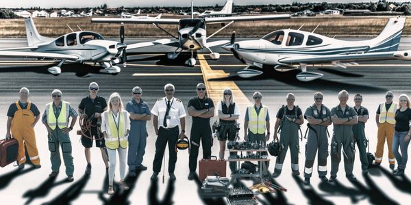 Image of aircraft mechanics, pilots, engineers, and company employees in front of various aircraft