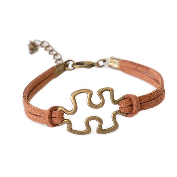 BR2004Brown - Autism Awareness Silver Puzzle Brown Bracelet