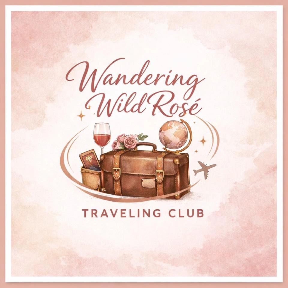 Logo of Wandering Wild Rosé Traveling Club with suitcase, globe, wine glass, and passport.