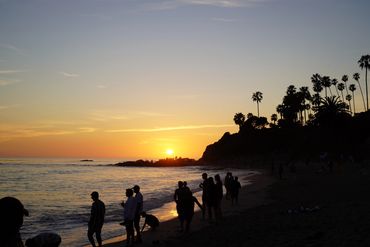 Silhouettes of people on a beach at sunset with palm trees and calm ocean.