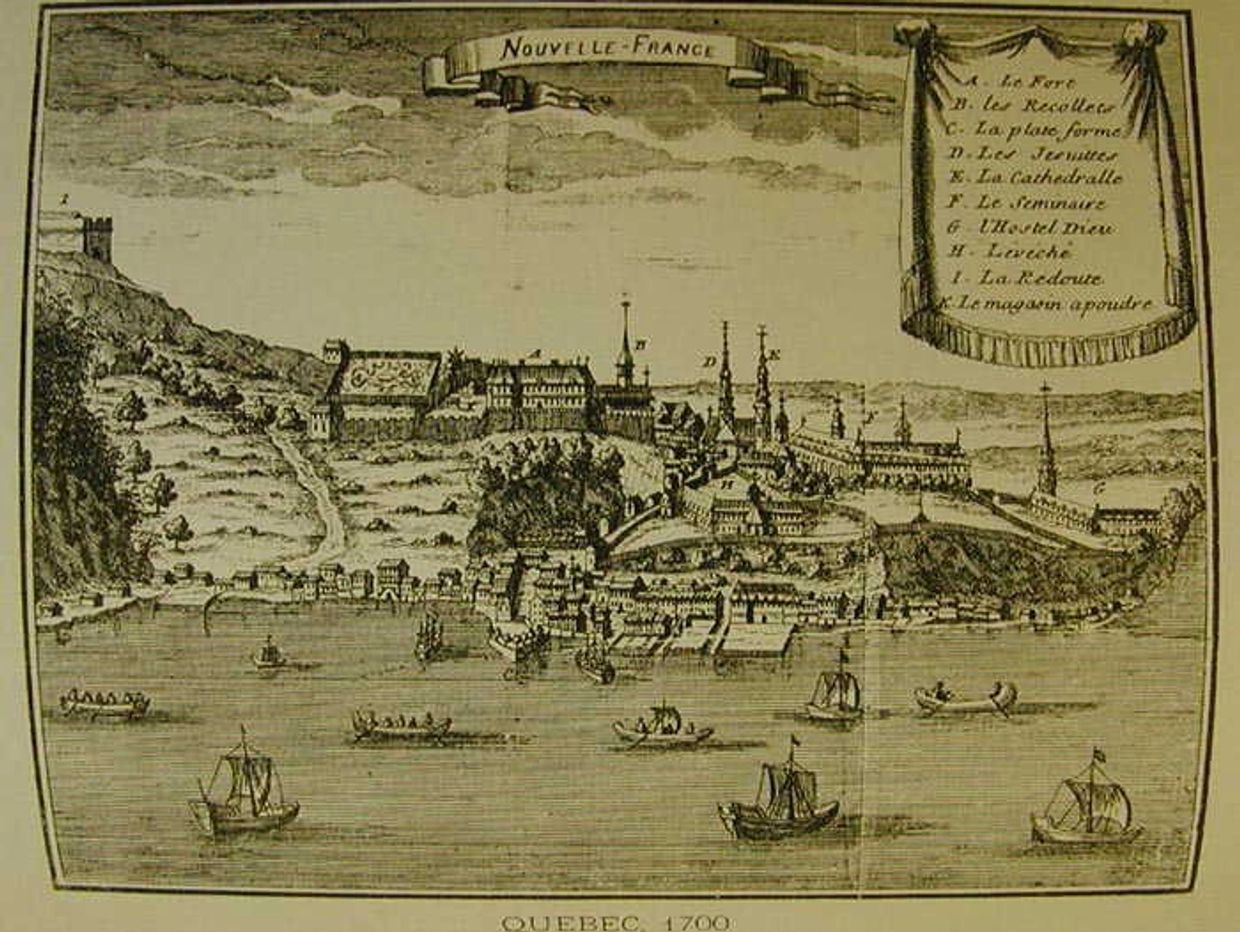 An old engraved map of Quebec in 1700 with ships and landmarks.