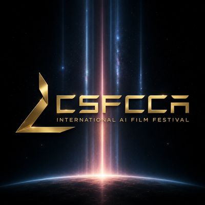 Logo for the CSFCCA International AI Film Festival with a cosmic background.