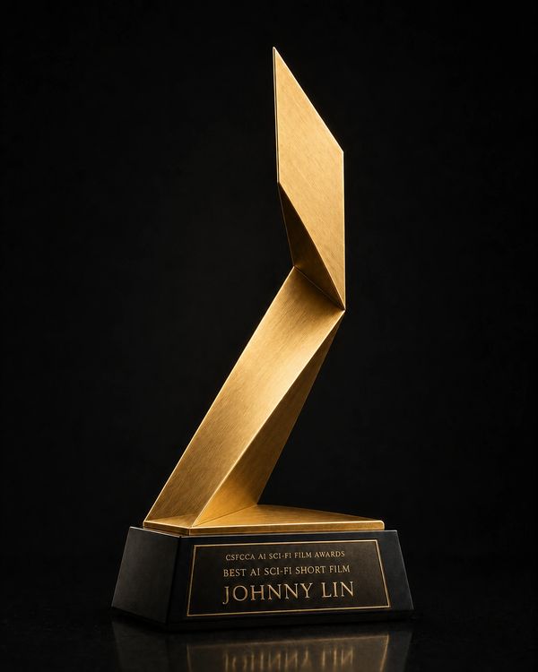 Golden sci-fi film award trophy for Johnny Lin.