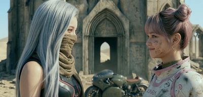 Two women with distinctive hairstyles face each other in a post-apocalyptic setting.