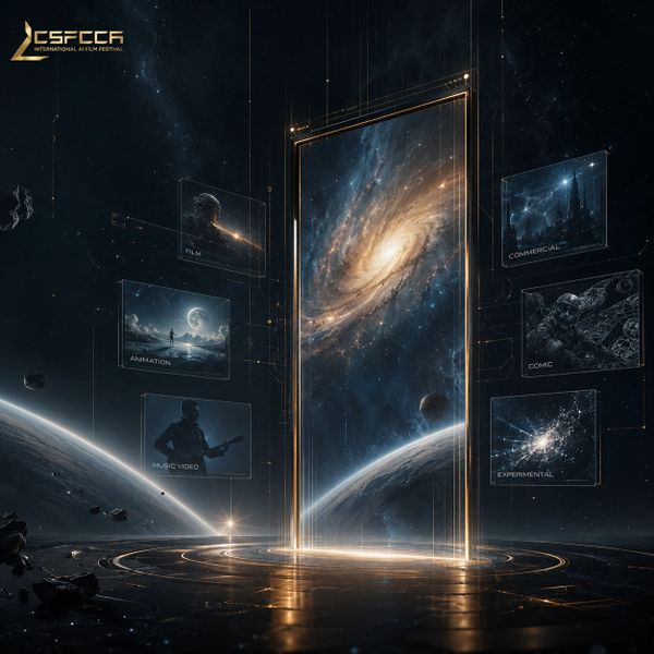 Futuristic cosmic portal showcasing film festival categories in space.